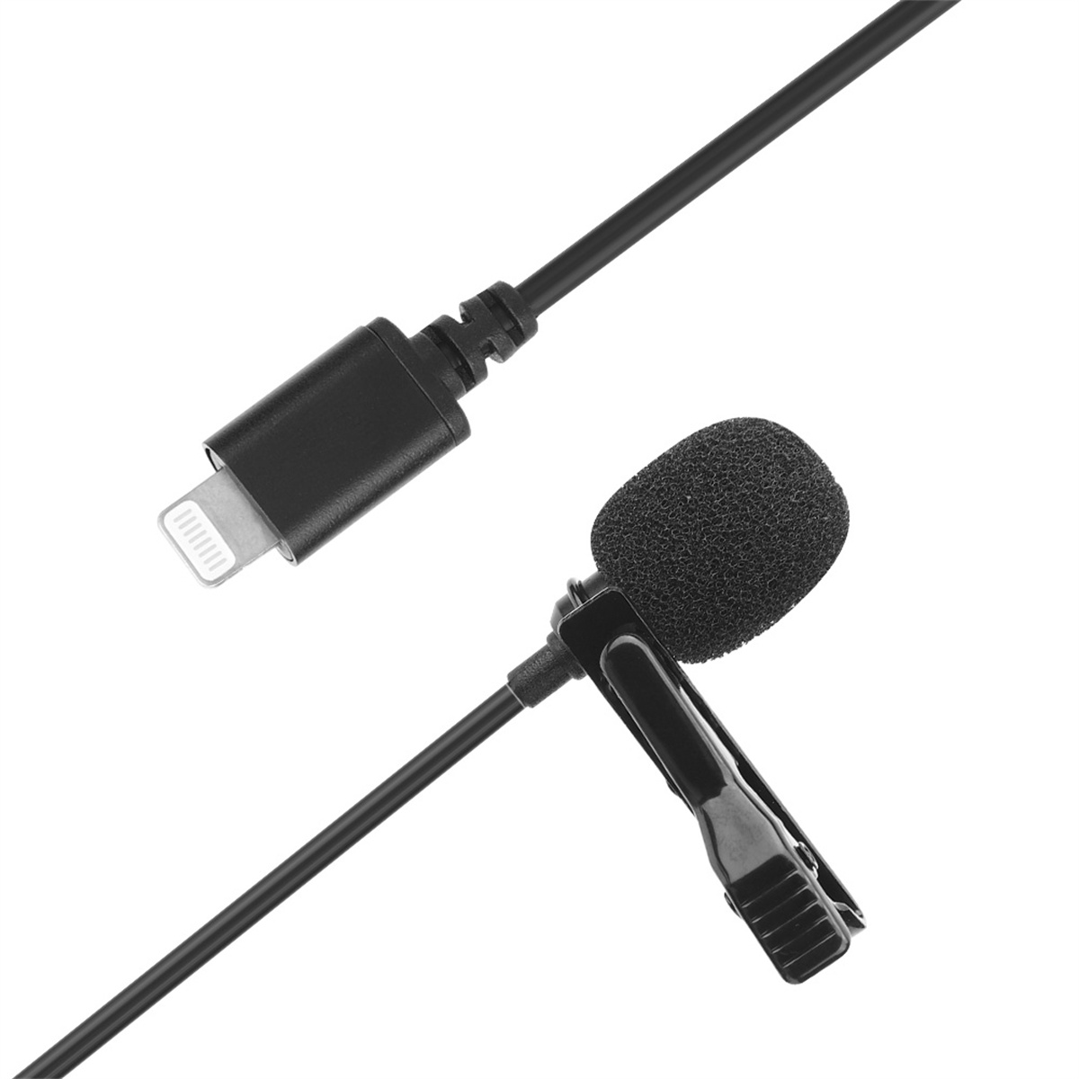Ein schwarzes Mikrofon mit Clip und Lightning-Anschlusskabel. Das Mikrofon ist schwarz, mit Schaumstoffabdeckung.