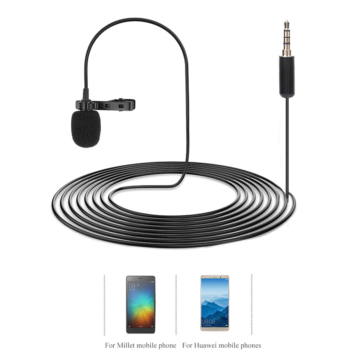 Schwarzes Mikrofon mit langem schwarzem Kabel. Zwei Telefone im Hintergrund.