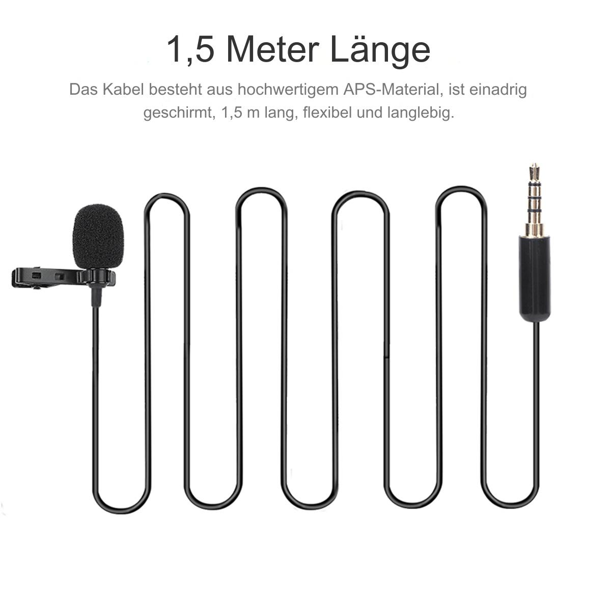 Ein schwarzes Mikrofon mit langem, wellenförmigen Kabel und Klinkenstecker. Text: 1,5 Meter Länge.