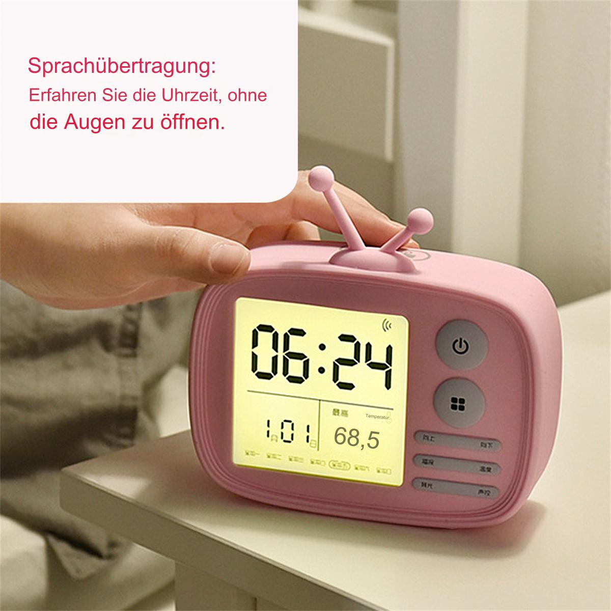 Rosa Wecker im Retro-Stil mit Zeitanzeige. Er hat einen kleinen Bildschirm und Knöpfe. Der Text ist auf Deutsch.