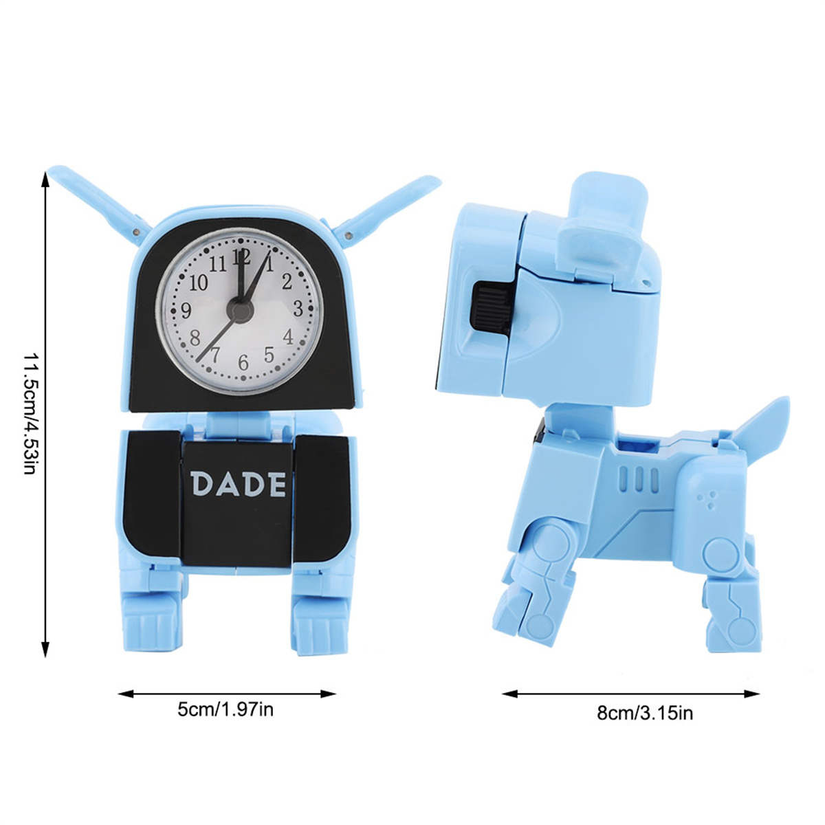 Blaue welpenförmige Uhr, die die Zeit anzeigt, und Messungen sind sichtbar.