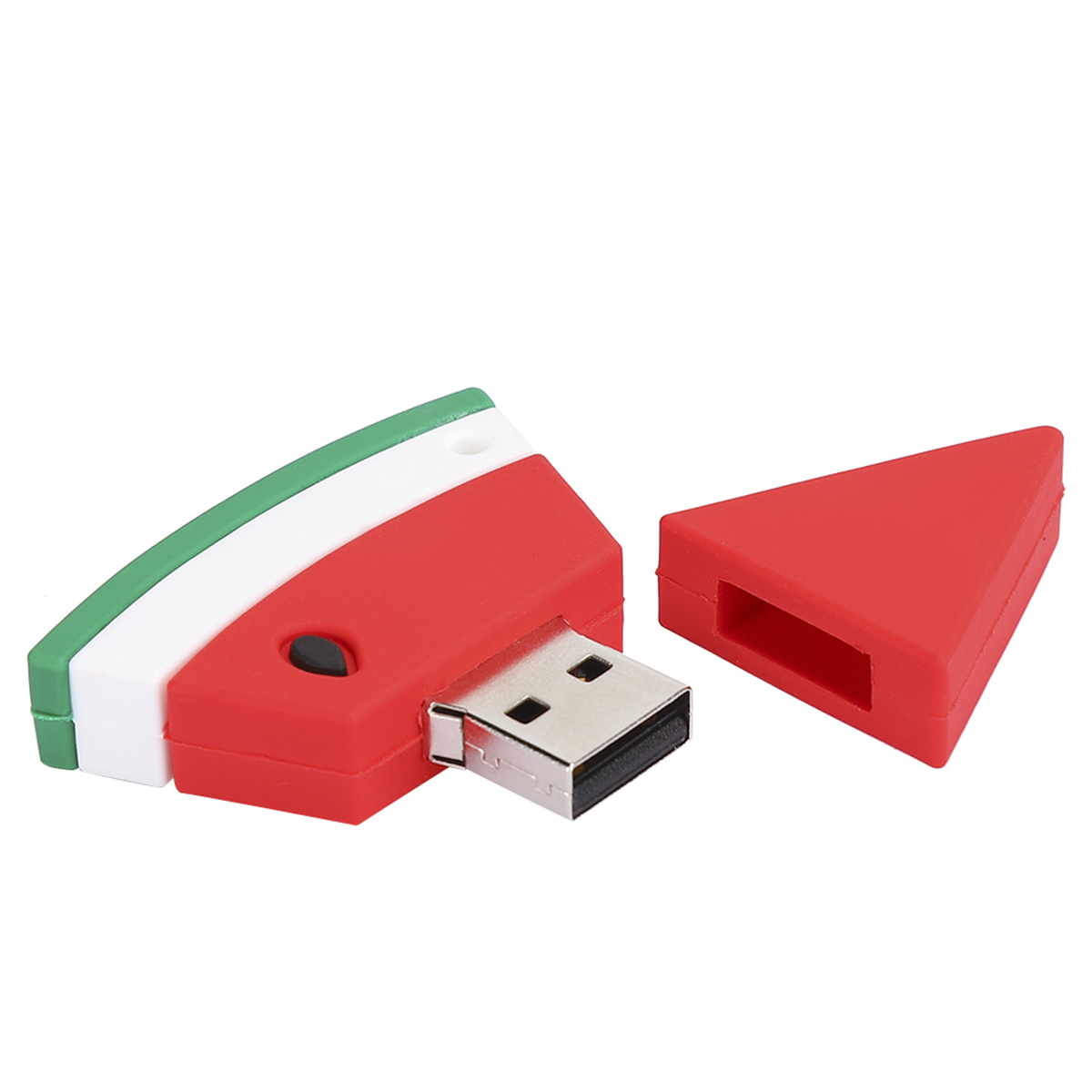 USB-Stick in Form einer Wassermelonenscheibe. Rote, weiße und grüne Farben.