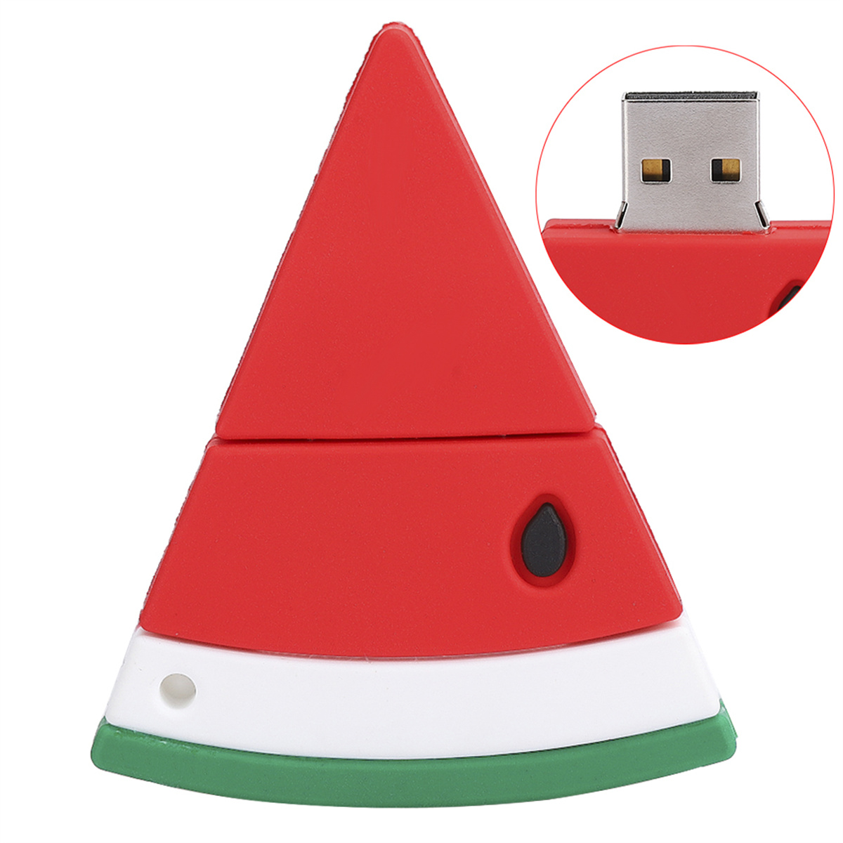 Ein wassermelonenförmiger USB-Stick. Er ist rot mit einem weißen Streifen und grüner Schale. Ein USB-Anschluss ist sichtbar.