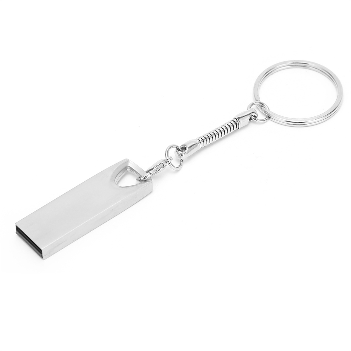 Ein silberner USB-Stick, der an einem Schlüsselanhänger befestigt ist, auf weißem Untergrund.
