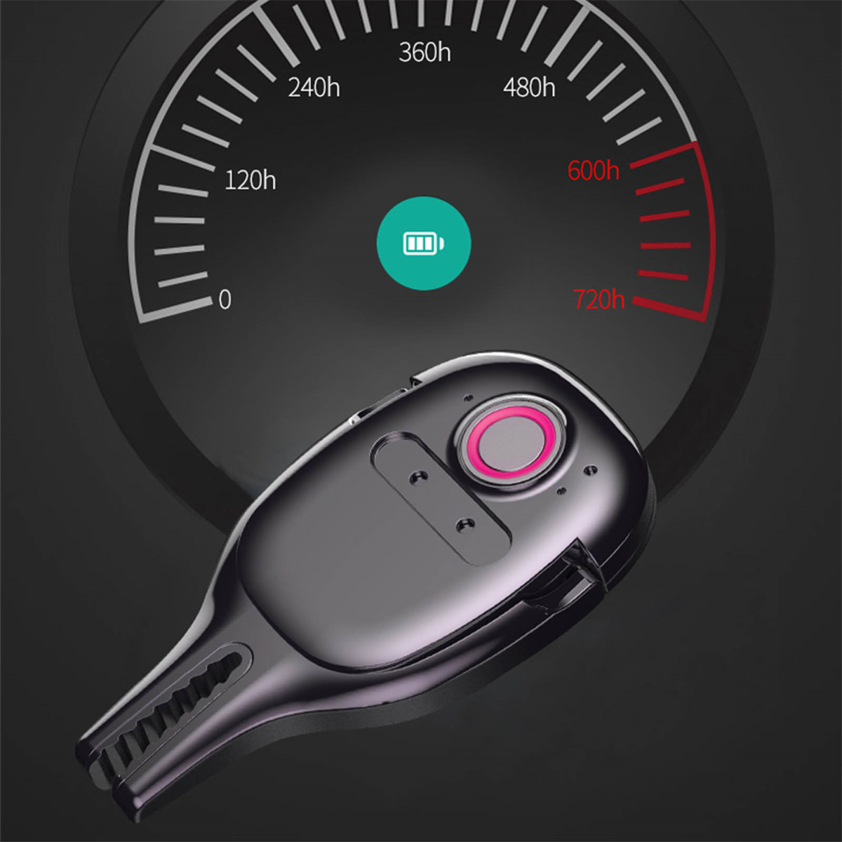 Schwarzes Gerät mit Batteriestandsanzeige und pinkfarbener Taste.