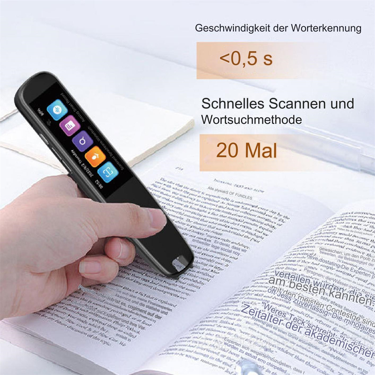 Ein schwarzer Handscanner, der Text auf einem Buch scannt. Text und Etiketten mit Zahlen sind sichtbar.