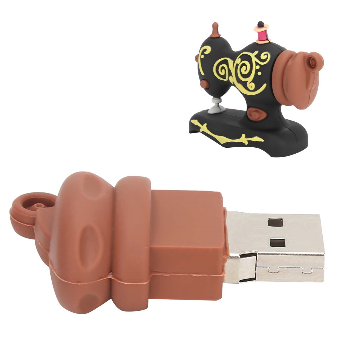Ein brauner USB-Stick in Form einer Nähmaschine mit schwarzem und gelbem Design.