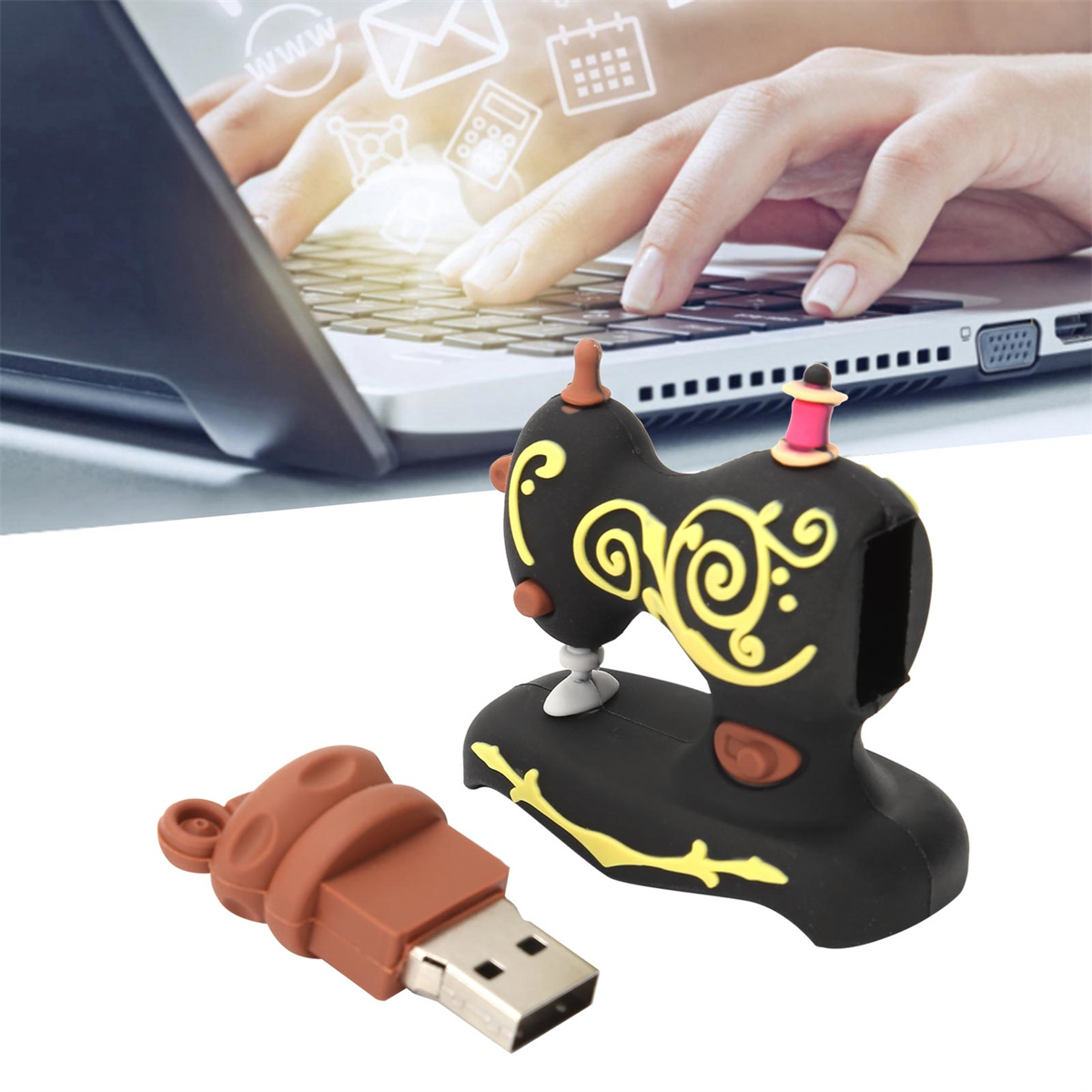 USB-Flash-Laufwerke, eines in Form einer Nähmaschine, das andere ein braunes Eis.