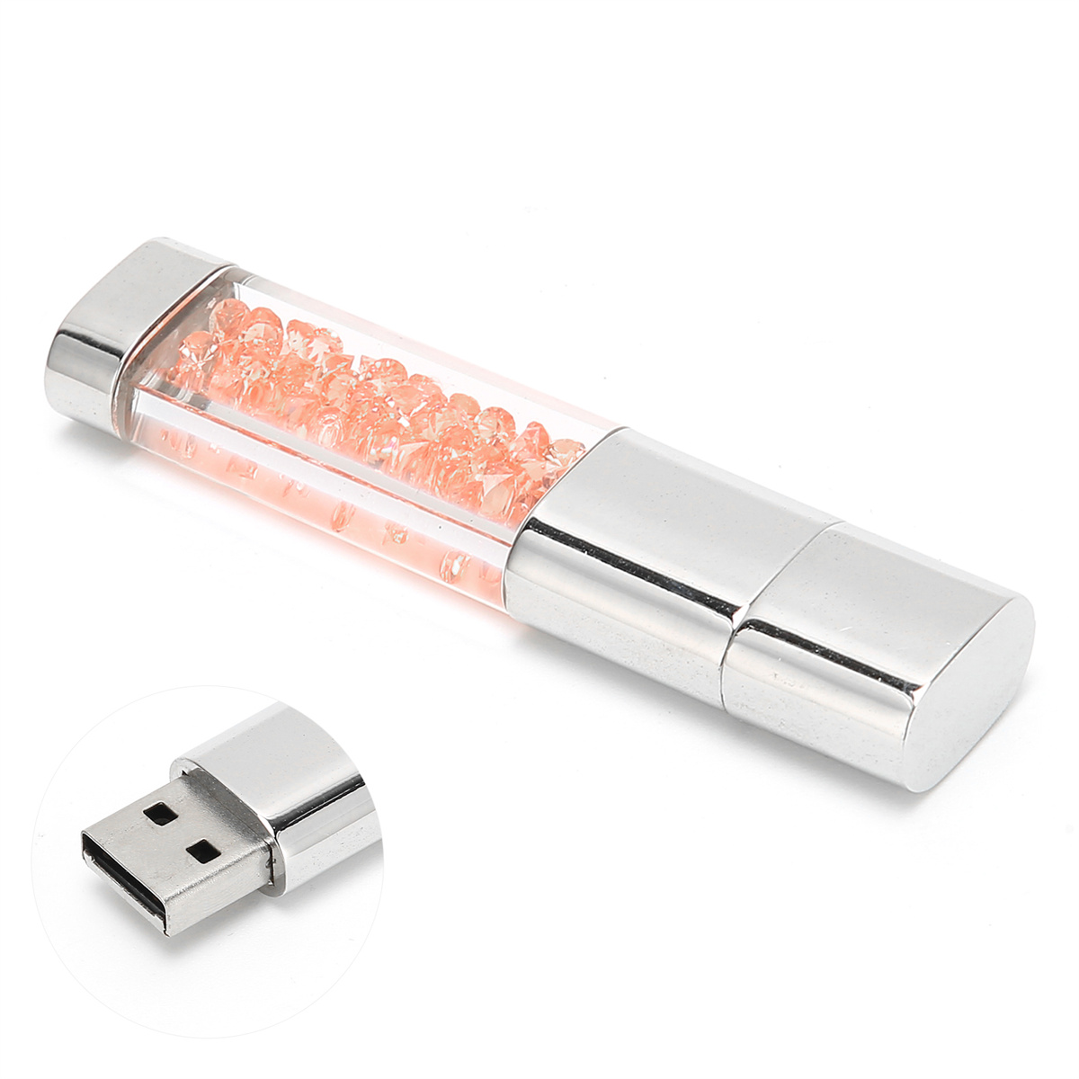 USB-Stick mit rosa Kristallen in einem durchsichtigen Rohr und silberner Kappe.