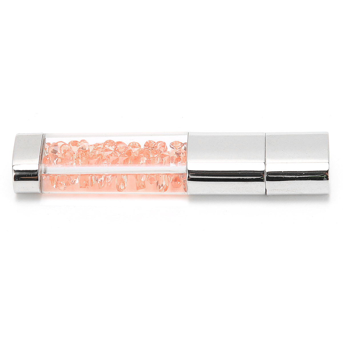 Ein klarer, rechteckiger USB-Stick gefüllt mit rosa Kristallen. Der Stick ist auf weißem Grund.