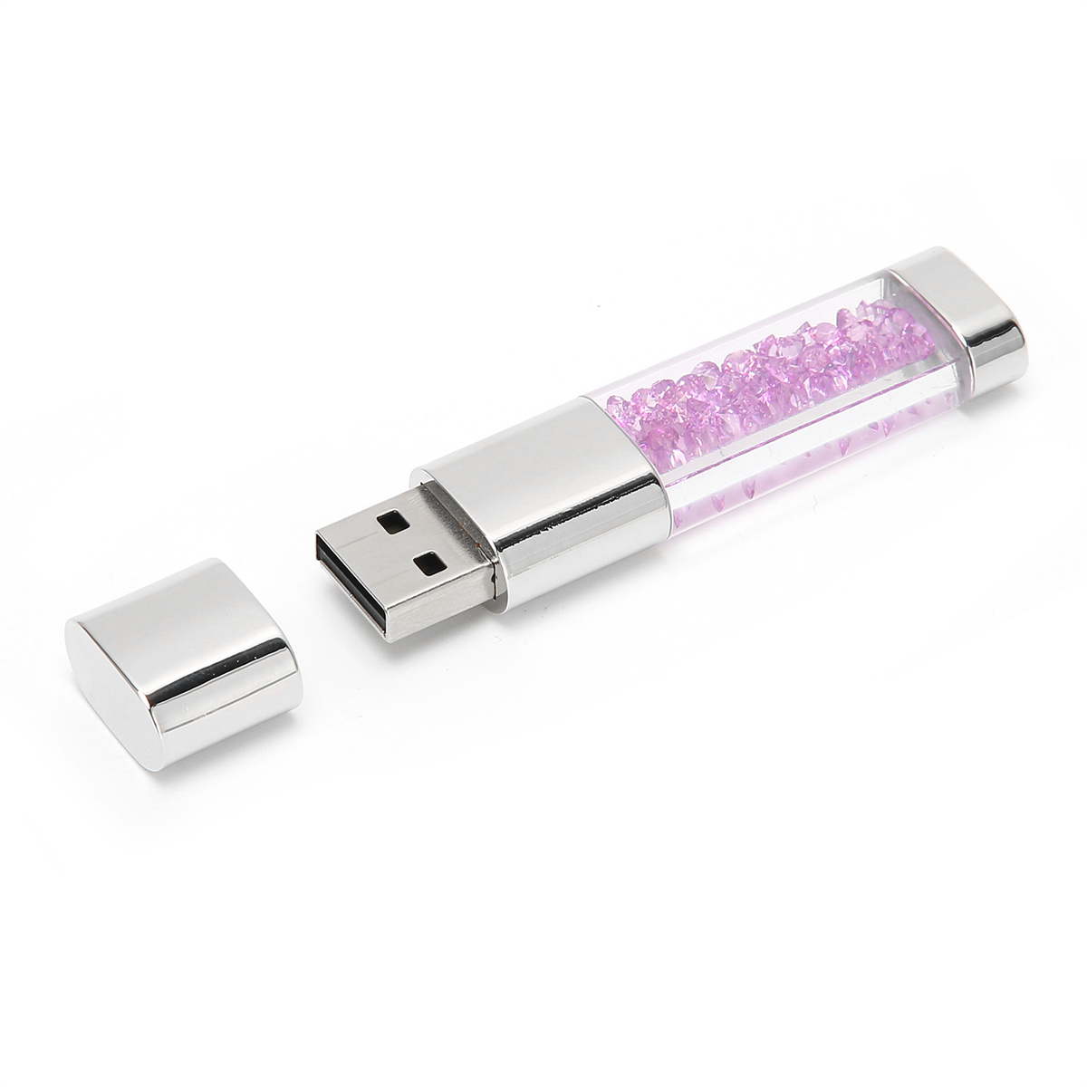 Ein durchsichtiger USB-Stick, gefüllt mit rosa Edelsteinen, mit einer silbernen Kappe und einem USB-Anschluss.