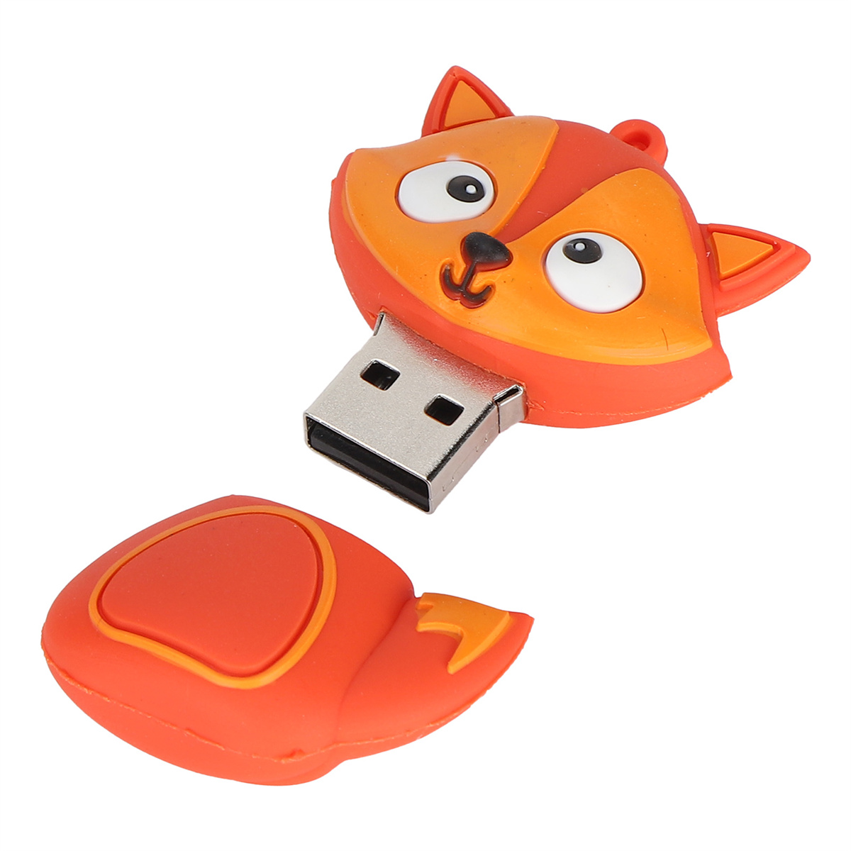 Ein fuchsähnlicher USB-Stick mit orange-weißem Design, die Kappe ist getrennt.