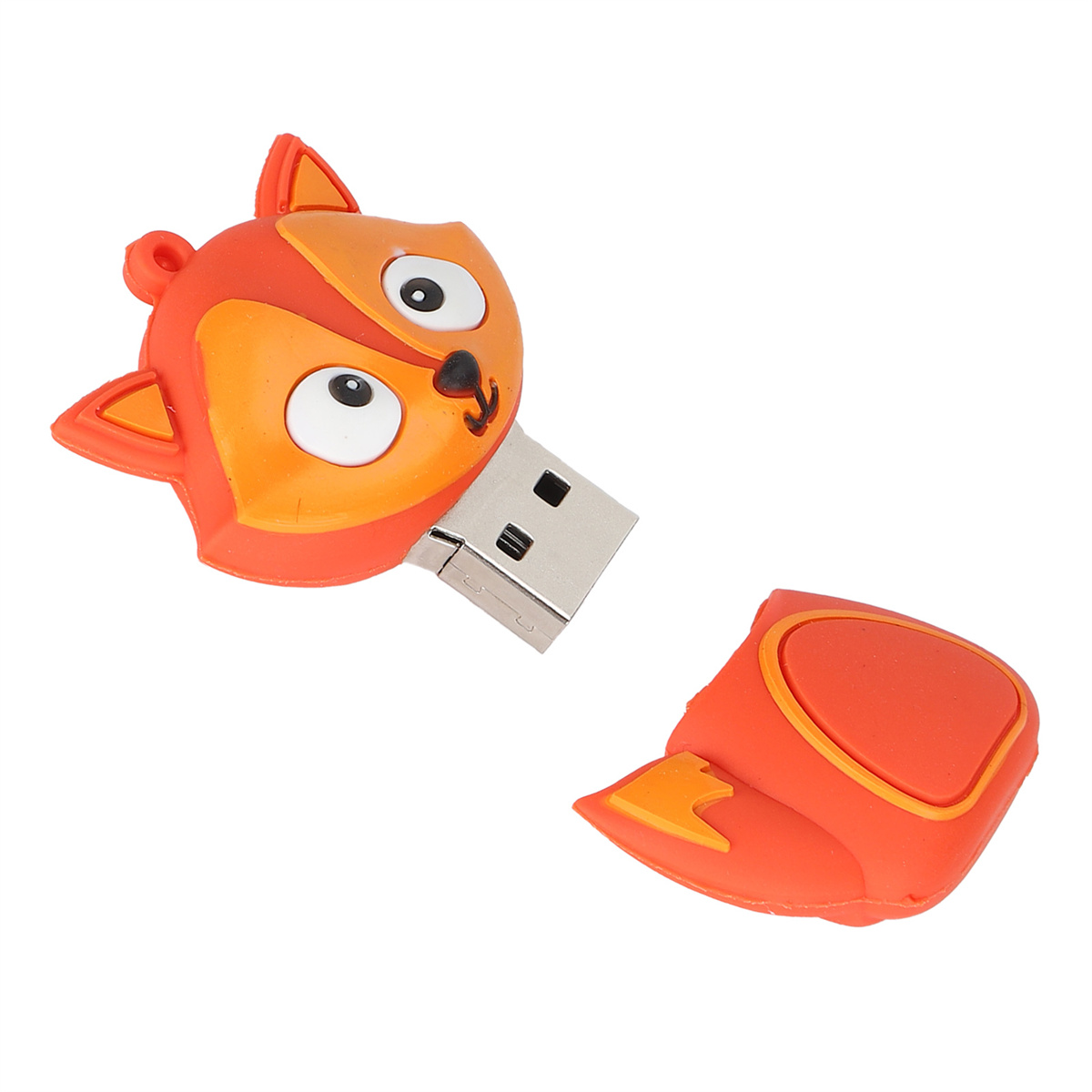 Ein USB-Stick in Fuchsform mit orange-weißem Design. Der USB-Anschluss ist sichtbar.