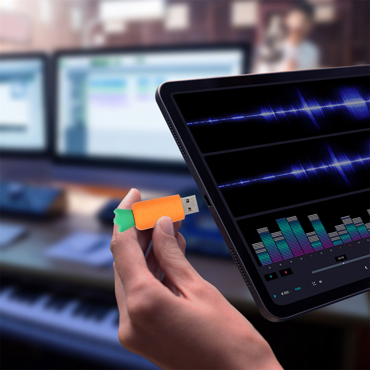 Eine Person hält einen orangen USB-Stick mit einem Tablet, das Audio-Wellenformen anzeigt.