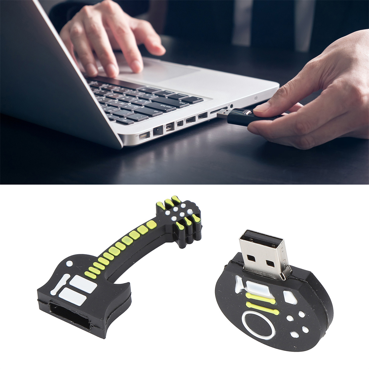 USB-Laufwerke in Form einer Gitarre und eines Gamecontrollers. Person benutzt Laptop.