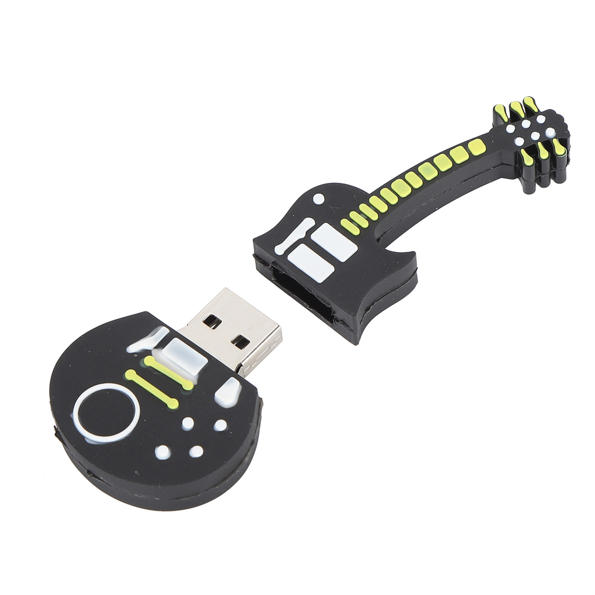Ein gitarrenförmiger schwarzer USB-Stick, der in zwei Teile geteilt ist.