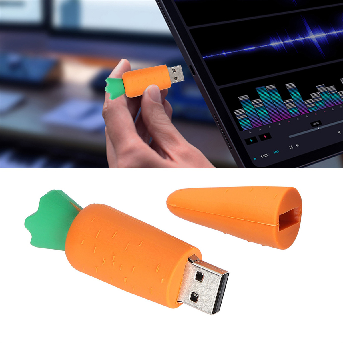 USB-Stick in Form einer Karotte. Der Stick ist orange mit einem grünen Ende.
