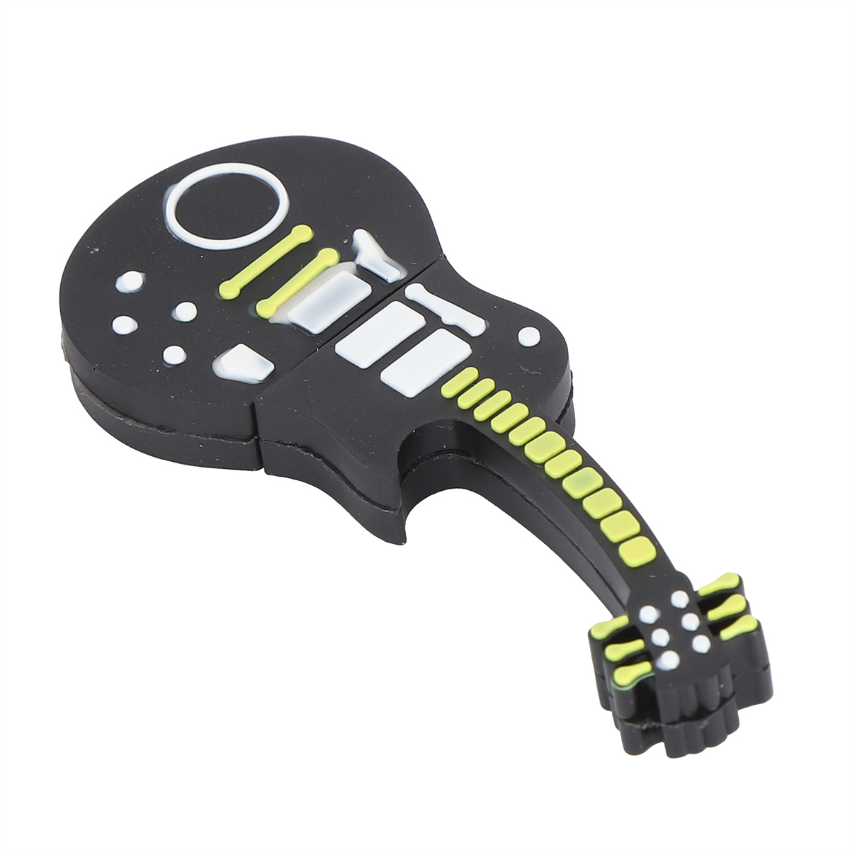 Schwarzer USB-Stick in Gitarrenform mit gelben und weißen Details. Weißer Hintergrund.
