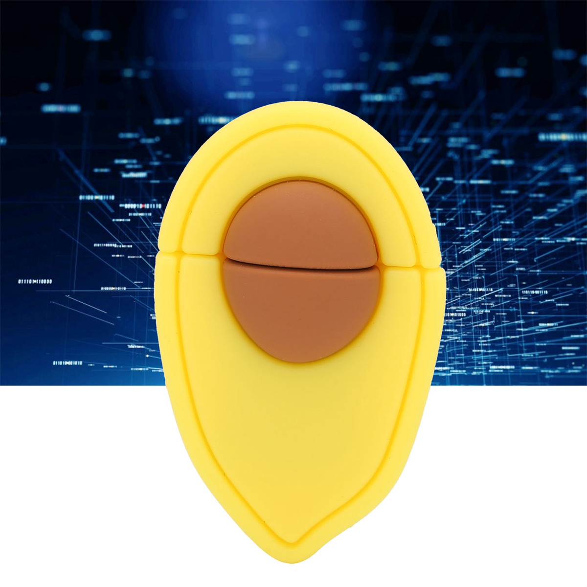 Gelb avocado-förmiger USB-Stick, braunes Samendetail, vor Datenhintergrund.
