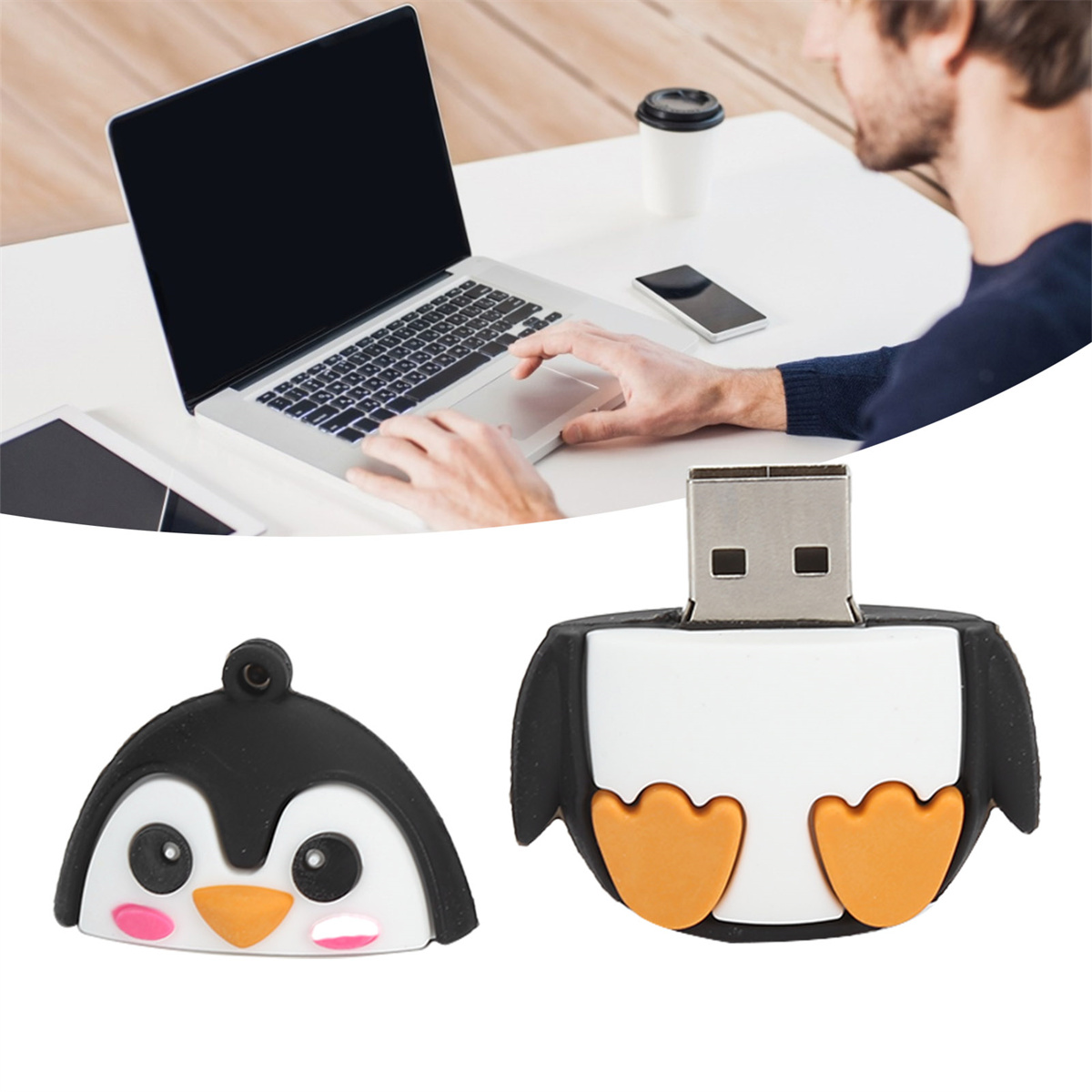 Zwei USB-Sticks: einer in Pinguinform und ein weiterer vor einer Person, die an einem Laptop arbeitet.