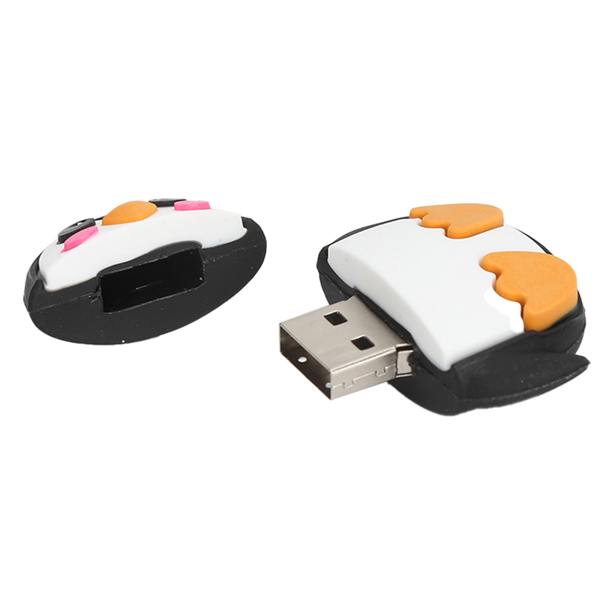 Ein USB-Stick in Pinguinform, schwarz und weiß mit orangefarbenen Füßen. Es wird mit getrennten Teilen gezeigt.
