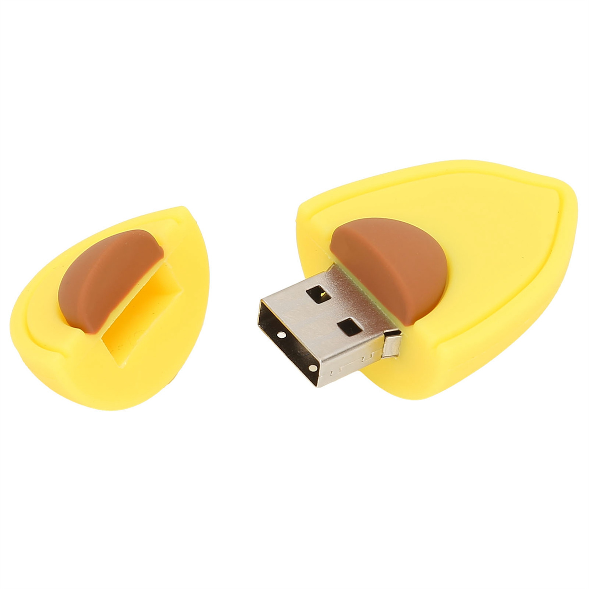 Gelber, avocadoförmiger USB-Stick, mit geöffneter, brauner Kernkappe.