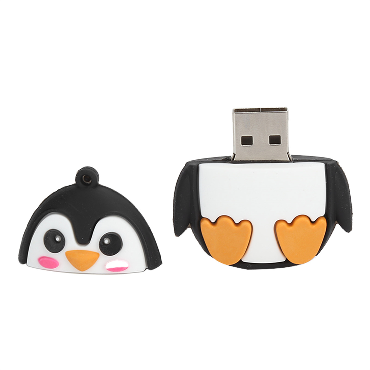 Pinguin-förmiger USB-Stick. Der Stick ist schwarz-weiß mit orangefarbenen Füßen. Der Kopf ist getrennt.