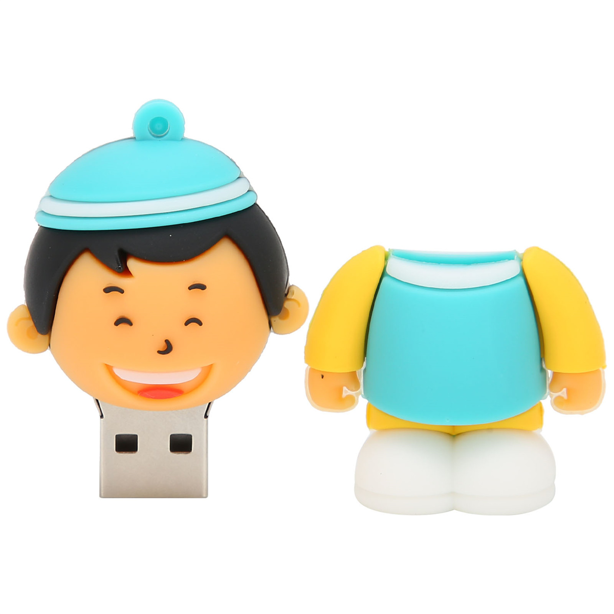 Ein USB-Stick im Cartoon-Stil in Form eines Jungen. Der Körper ist abnehmbar. Blaue Mütze, gelbes Hemd.