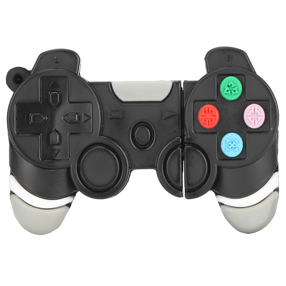 Schwarzer und grauer Gamecontroller mit farbigen Knöpfen.