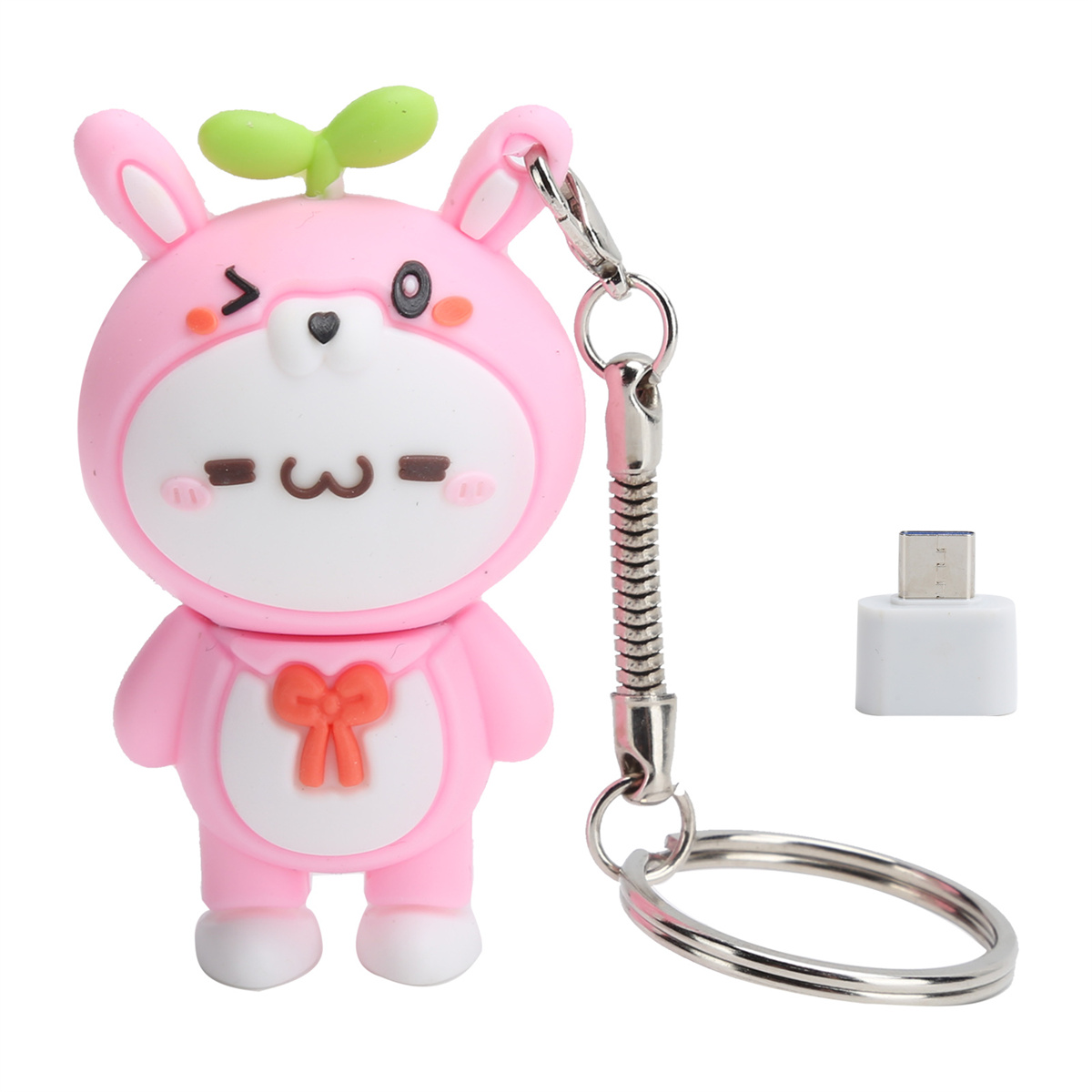 Rosa Hasen-USB-Stick mit Schlüsselanhänger. Der Hase hat ein zwinkerndes Auge und eine Schleife. Weißer Hintergrund.