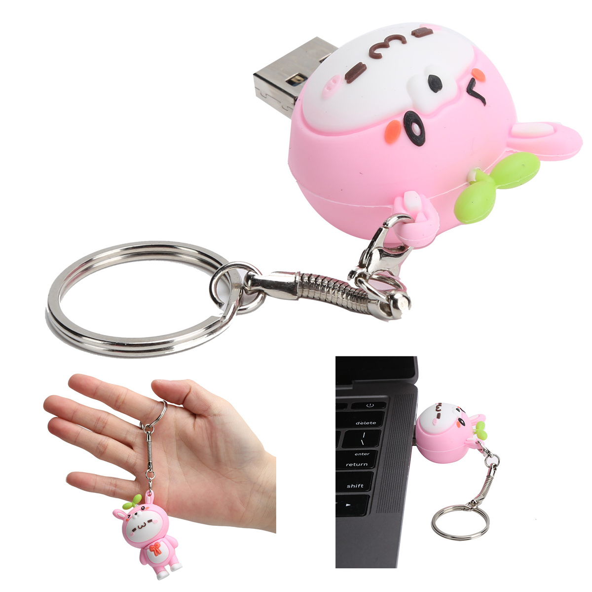 Ein rosa Hasen-USB-Stick an einem Schlüsselring. Er ist in einen Laptop eingesteckt. Eine Hand hält den Ring.