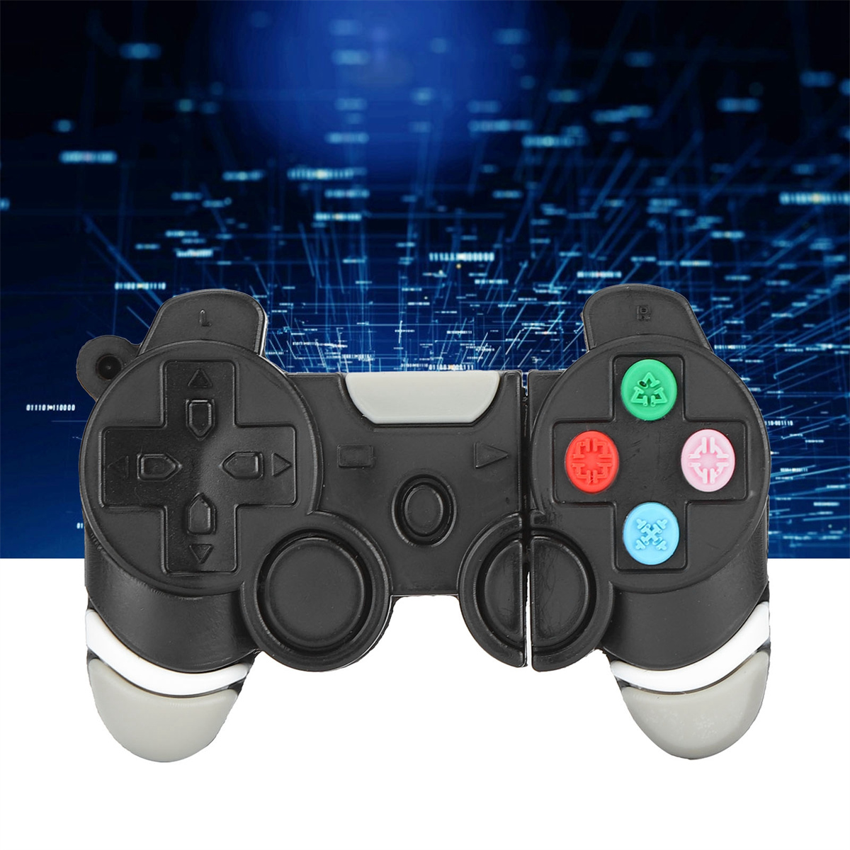Schwarzer Gamecontroller mit farbigen Knöpfen, isoliert auf weißem Hintergrund.