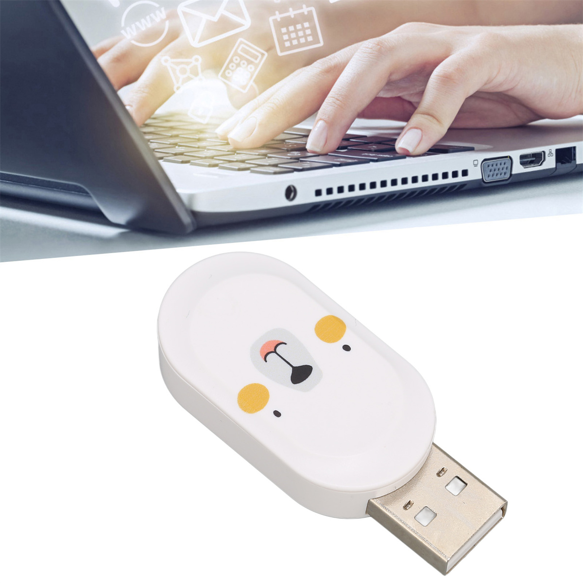 Eine Person tippt auf einem Laptop mit Symbolen darüber. Ein USB-Stick mit Bärengesicht.