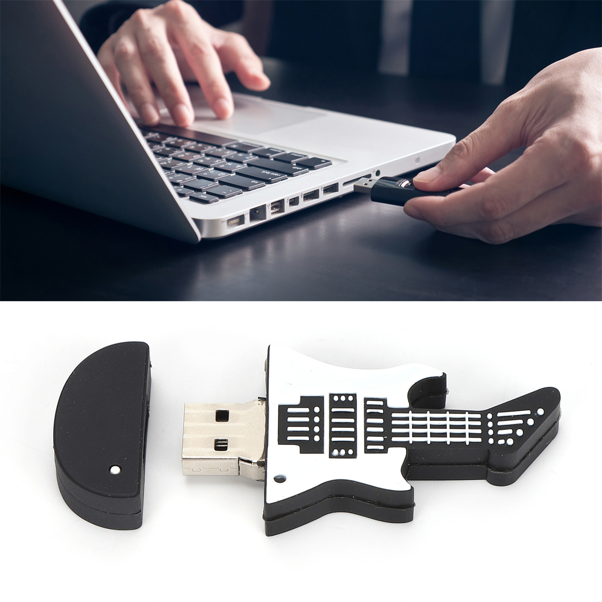 Eine Person, die einen USB-Stick in Gitarrenform in einen Laptop einsteckt.