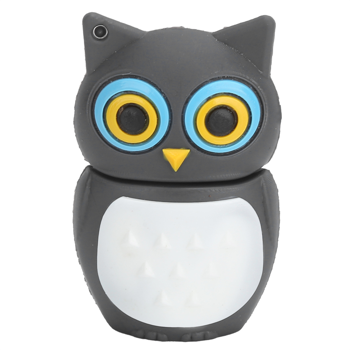 Eulen-USB-Stick. Grauer Körper, blaue Augen, gelbe Pupillen, weißer Brust.