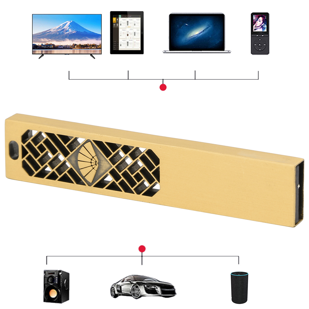 Ein goldfarbenes Gerät mit Symbolen und verschiedenen elektronischen Geräten in einer Reihe.