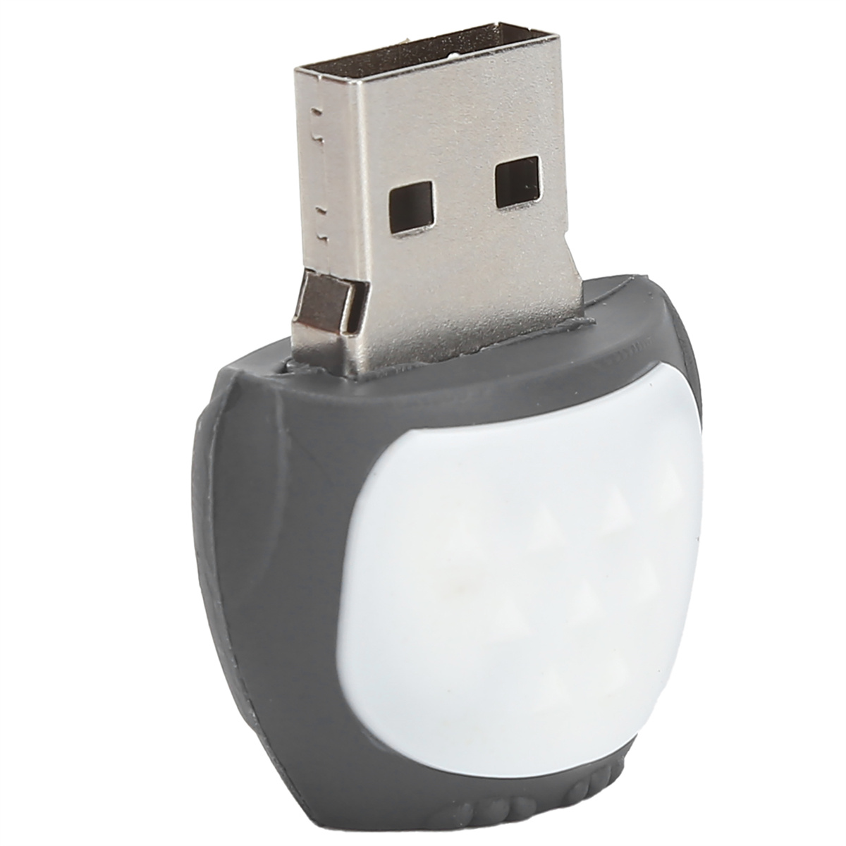 Ein USB-Stick, grau und weiß. Hat einen USB-Anschluss.
