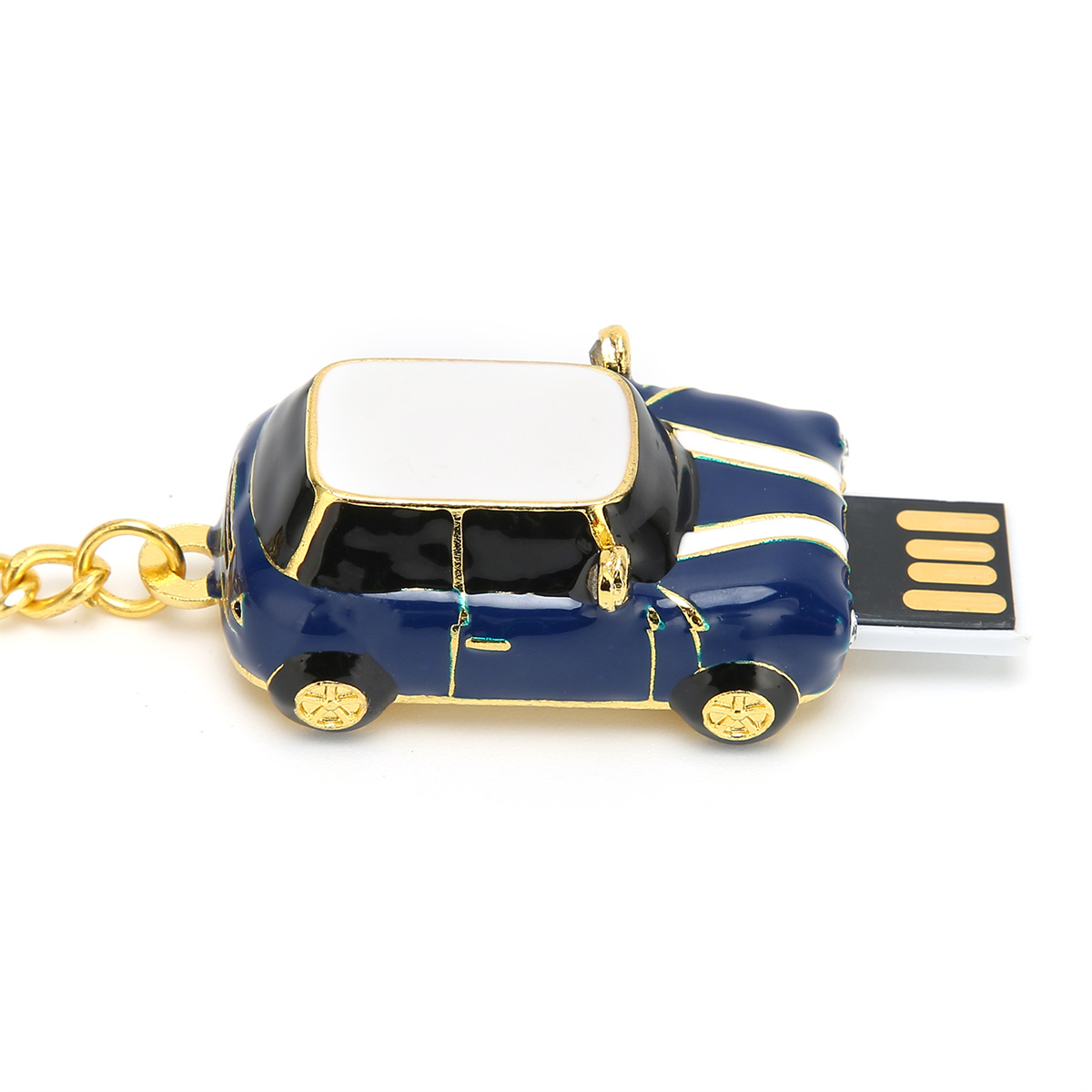 Ein blaues, auto-förmiges USB-Laufwerk mit weißem Dach und goldenen Zierleisten. Der USB-Anschluss ist sichtbar.