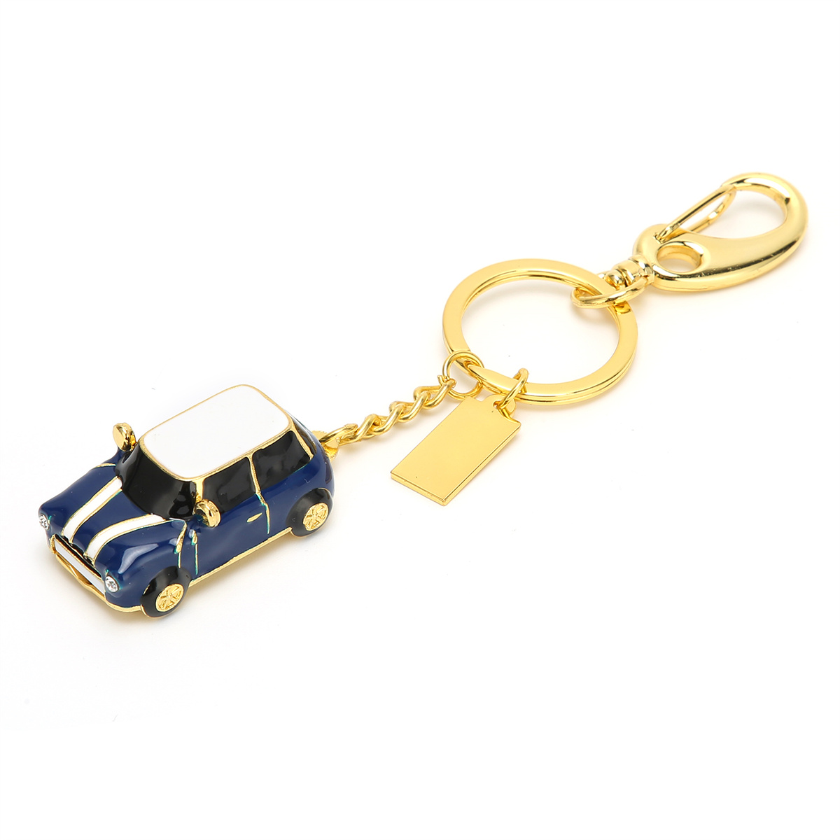 Mini-Auto-Schlüsselanhänger, blaues Auto mit weißem Dach, goldene Kette.
