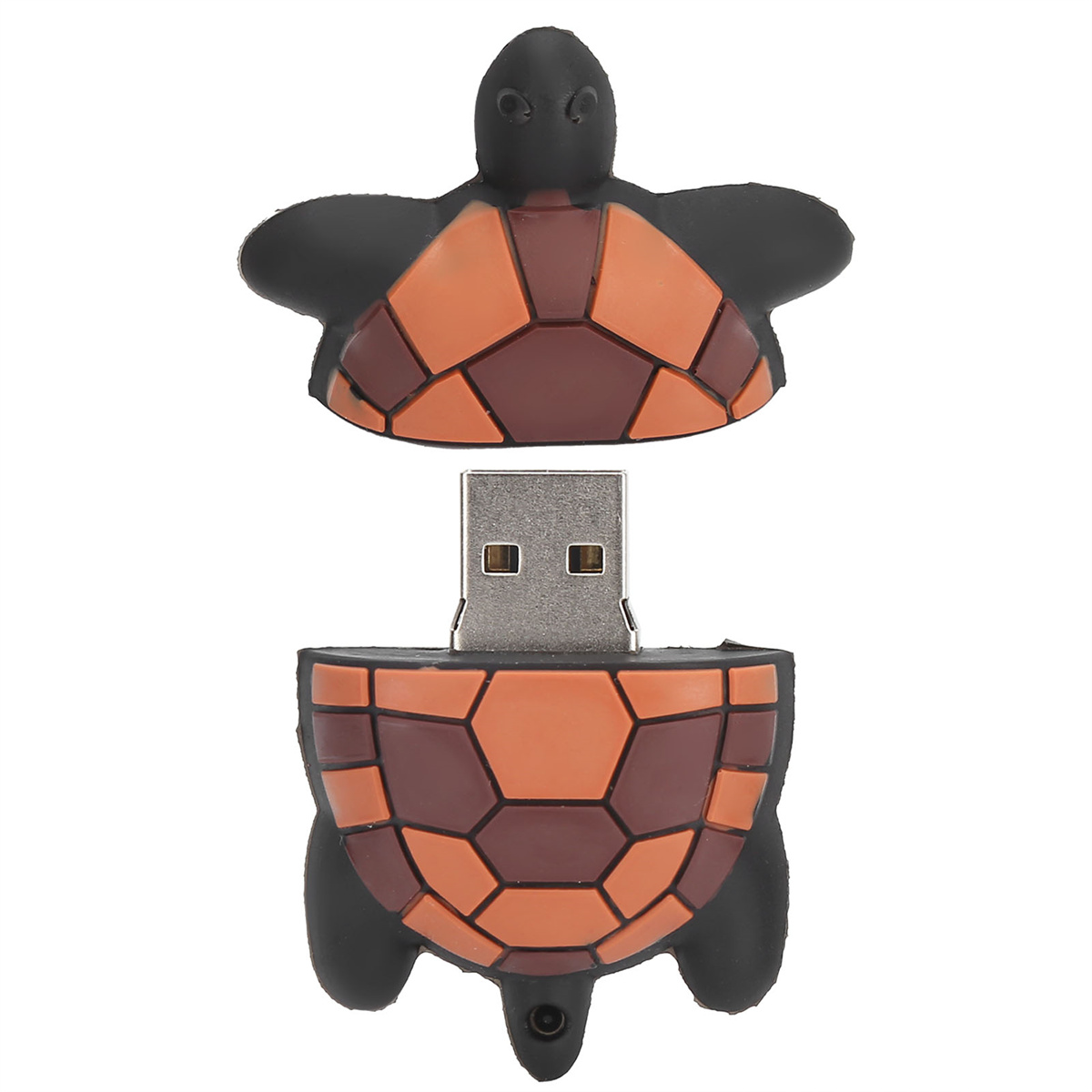 Ein USB-Stick in Schildkrötenform in Schwarz, Braun und Orange. Auf weißer Oberfläche.