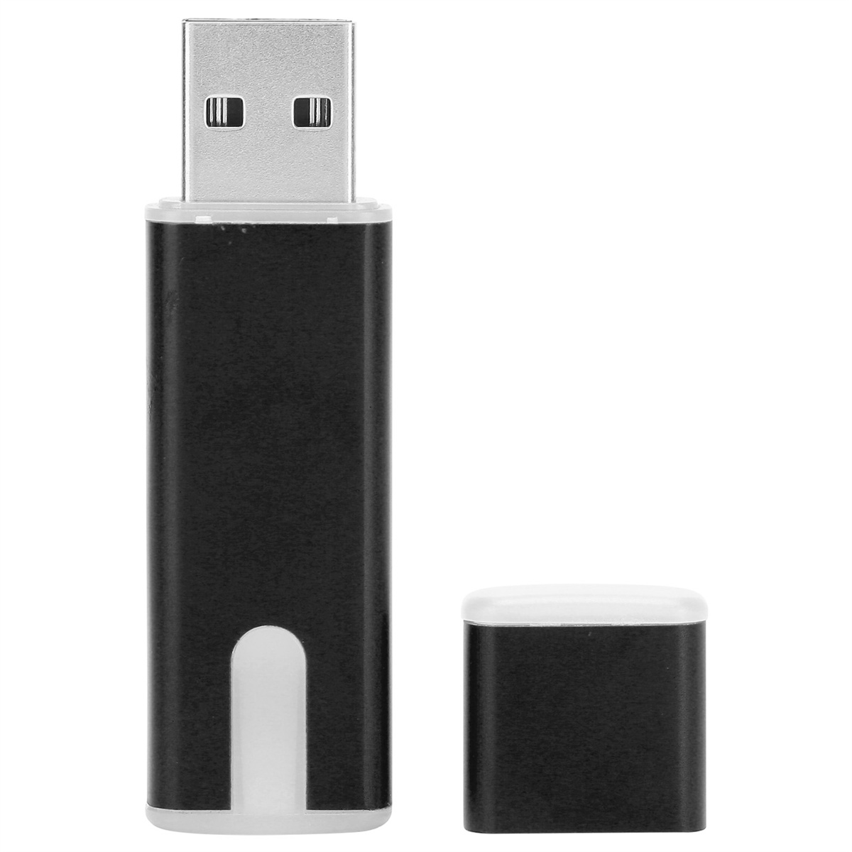 Ein schwarz-weißer USB-Stick mit Kappe auf weißem Hintergrund.
