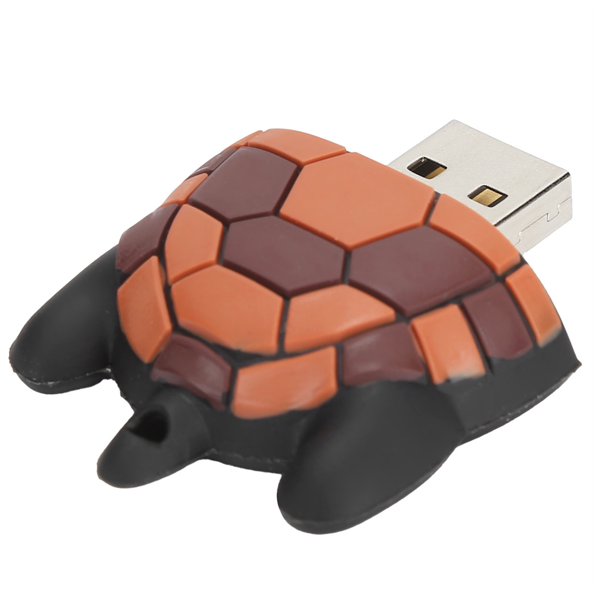 USB-Stick in Schildkrötenform. Der Panzer ist braun und orange, der Körper schwarz.