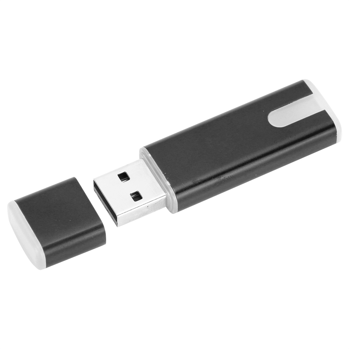 Schwarzer USB-Stick ohne Kappe, auf weißer Oberfläche platziert.