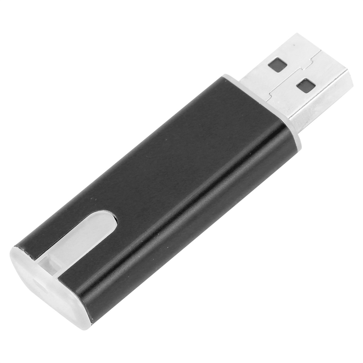 Ein schwarzes USB-Laufwerk mit silbernem Anschluss und einem weißen, gebogenen Abschnitt.