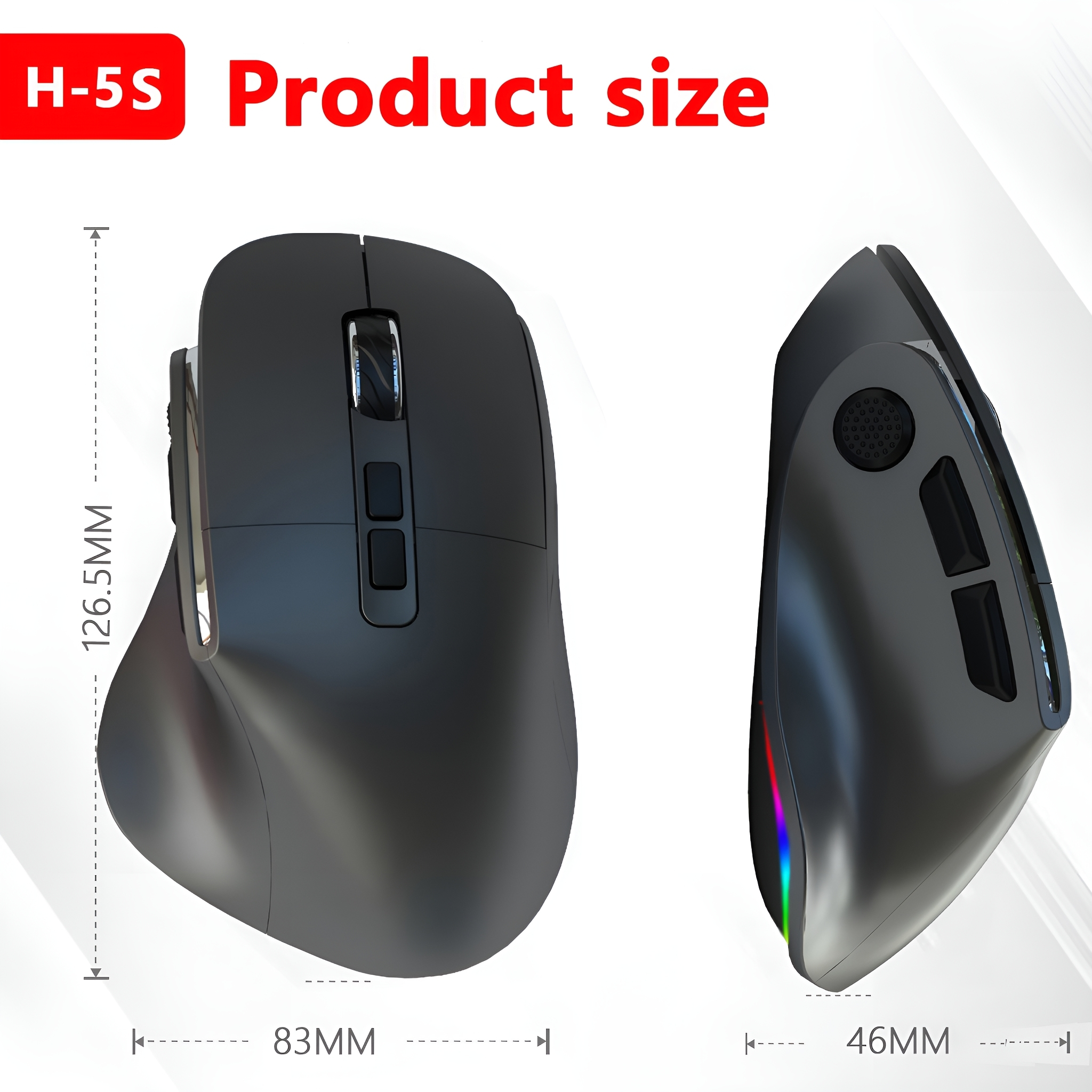Schwarze ergonomische Maus mit angegebenen Abmessungen. 83 mm breit, 126,5 mm lang und 46 mm dick.