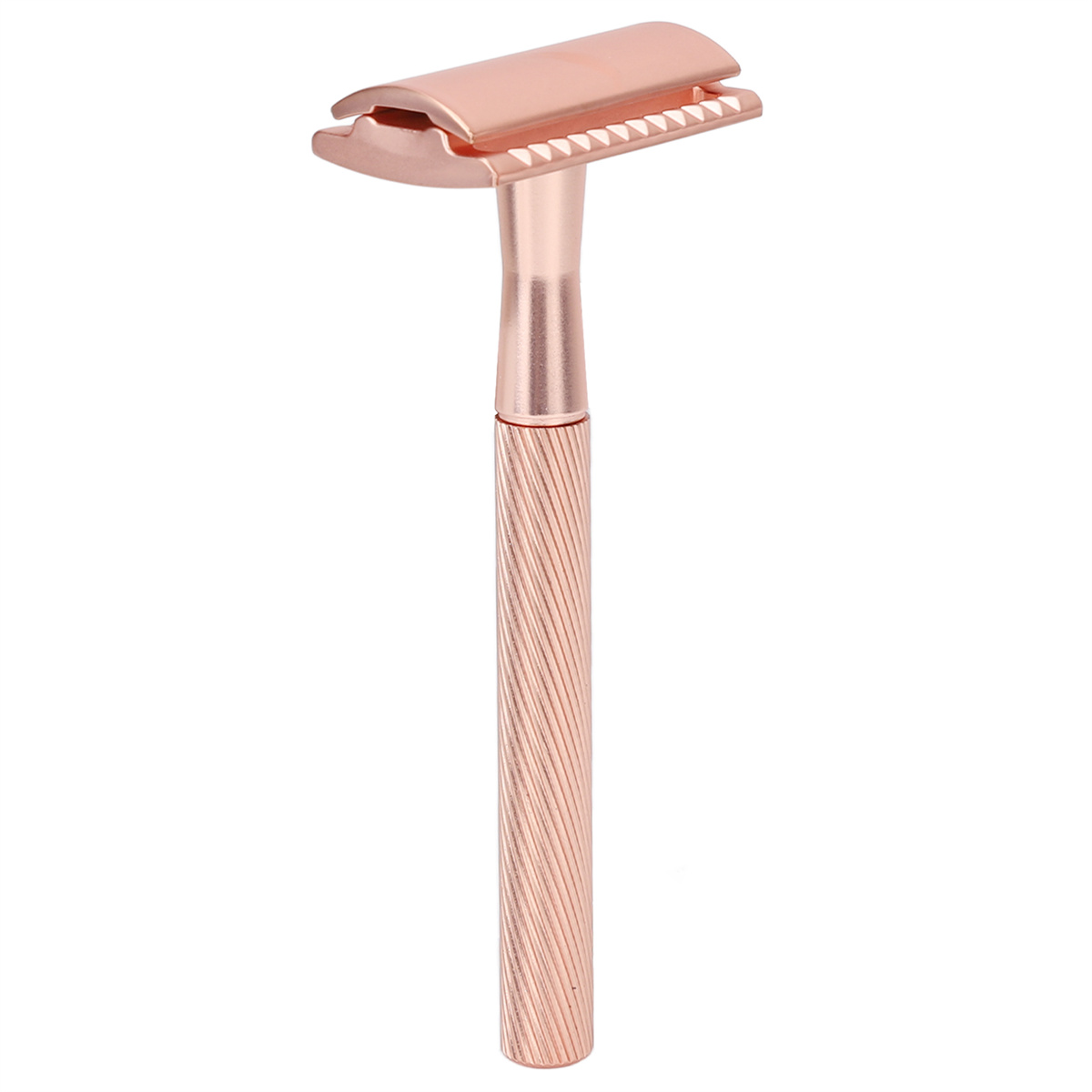 Rasierer in Roségold. Der Griff hat ein strukturiertes Design. Der Kopf hat einen Klingenschutz.