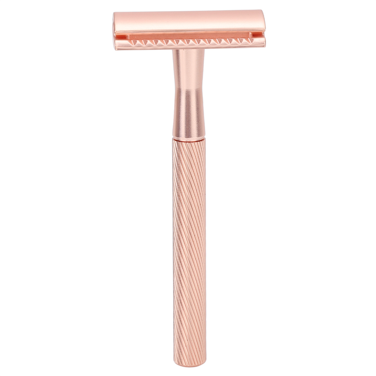 Roségold-Rasierer mit strukturiertem Griff und Klingenkopf.