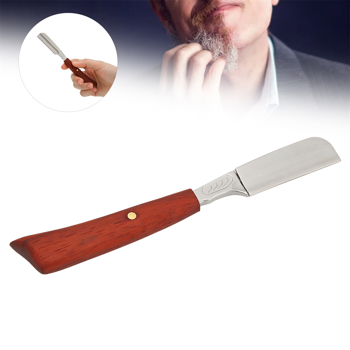 Ein Rasiermesser mit Holzgriff und eine Person beim Rasieren.