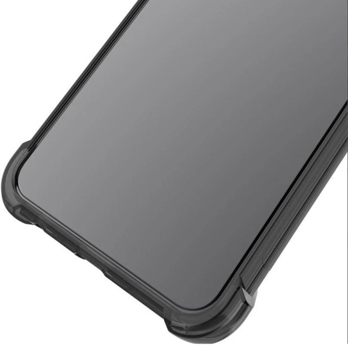 Eine schwarze Handyhülle mit Displayschutz. Der Bildschirm ist dunkel und die Hülle hat Schutzränder.