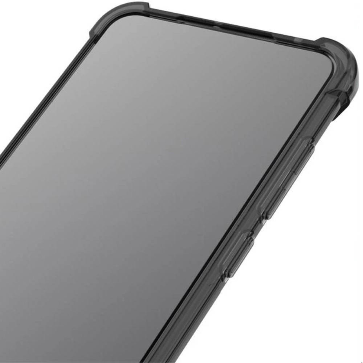 Nahaufnahme eines schwarzen Smartphones mit Displayschutz. Das Telefon hat einen schwarzen Rahmen.